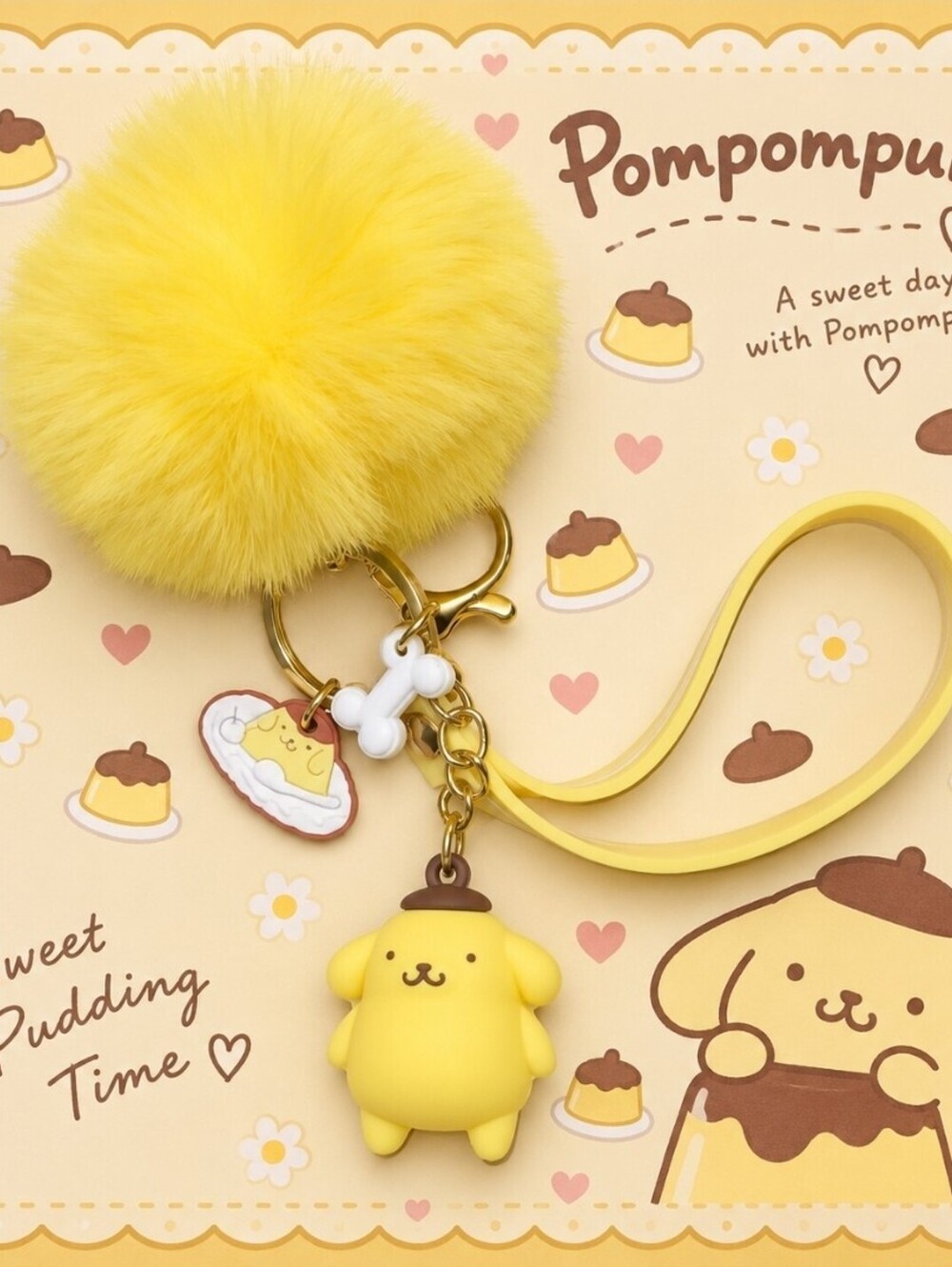 Hello Kitty Pompompurin Yellow Puff Ball Charm Keychain Bracelet